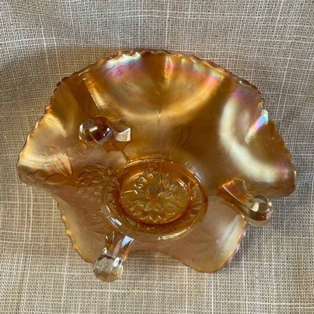Antique Dugan Marigold Carnival Glass Garden Path Footed Ruffled Bowl
